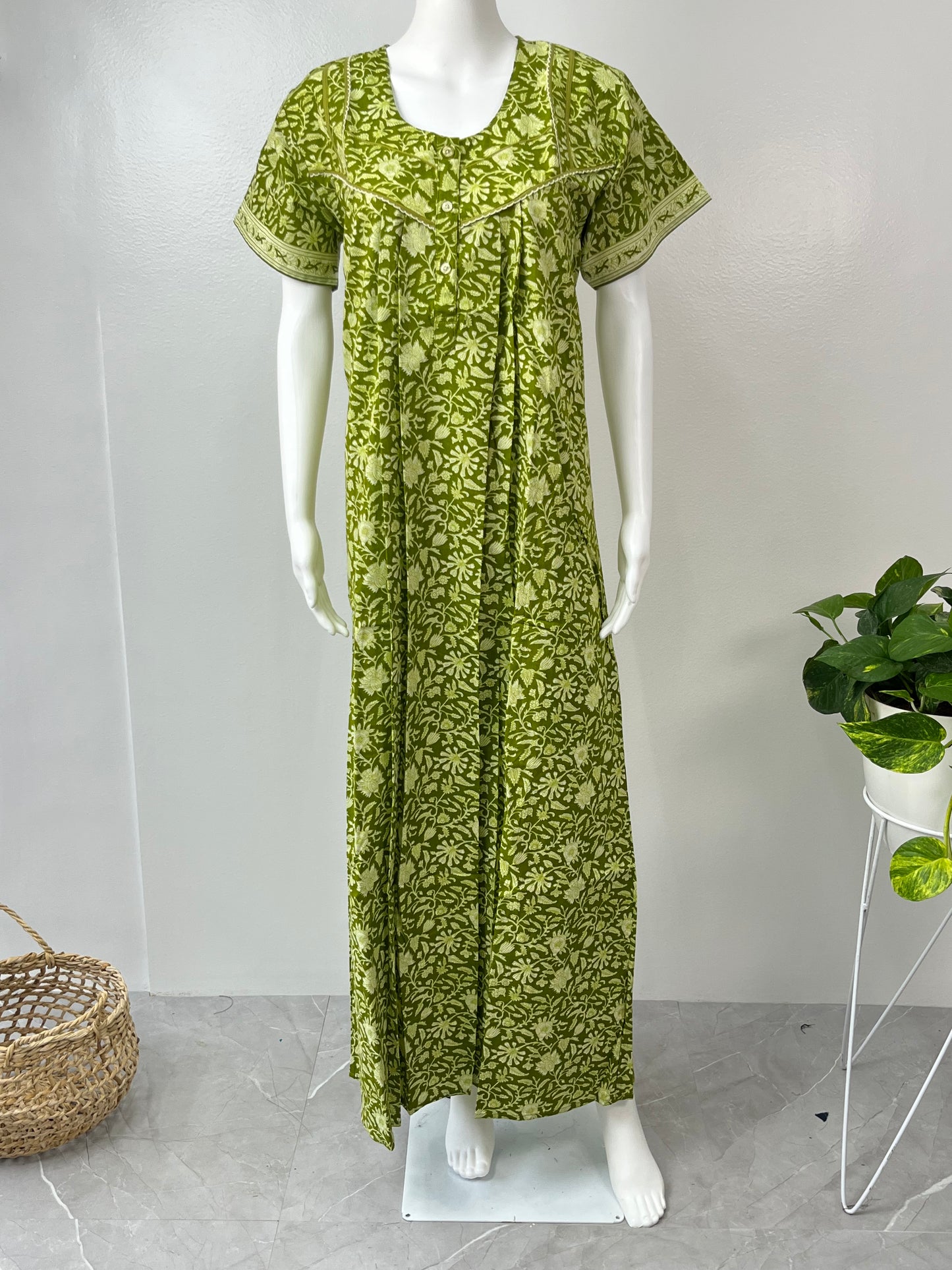 Sage Green Pure Cotton Nightgown Cool & Comfortable