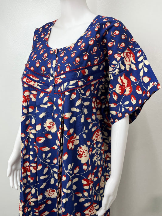 Navy Blue Floral Pure Cotton Women's Nightgown