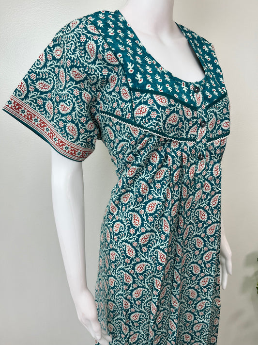 Teal Pure Cotton Nighty with Contrast Print