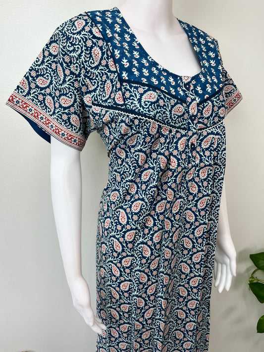 Navy Blue Pleated 100% Cotton Women's Nighty