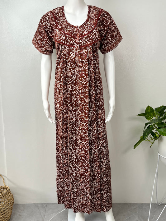 Brown 100% Cotton Pleated Nighty for Women