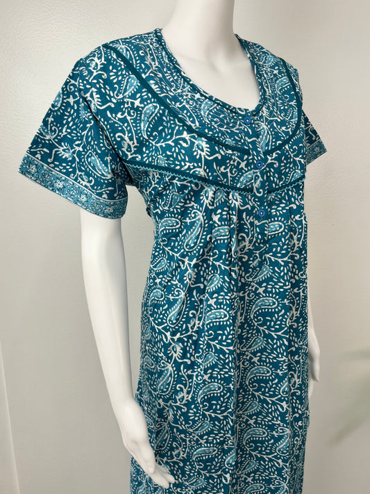 Turquoise Blue Printed Cotton Nighty for Women