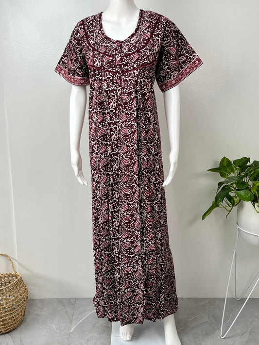 Maroon Pleated Pure Cotton Nighty Soft & Comfortable.