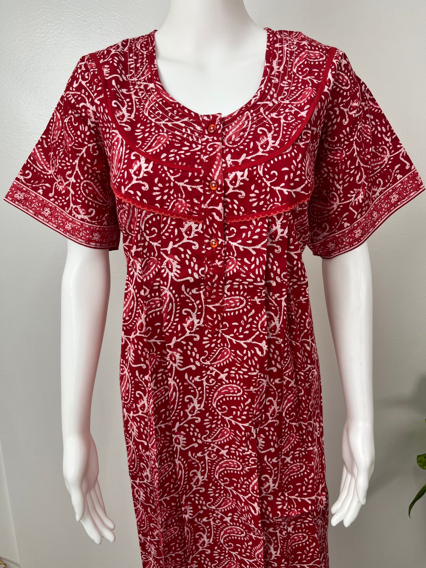 Red 100% Cotton Batik Print Nightgown for Women