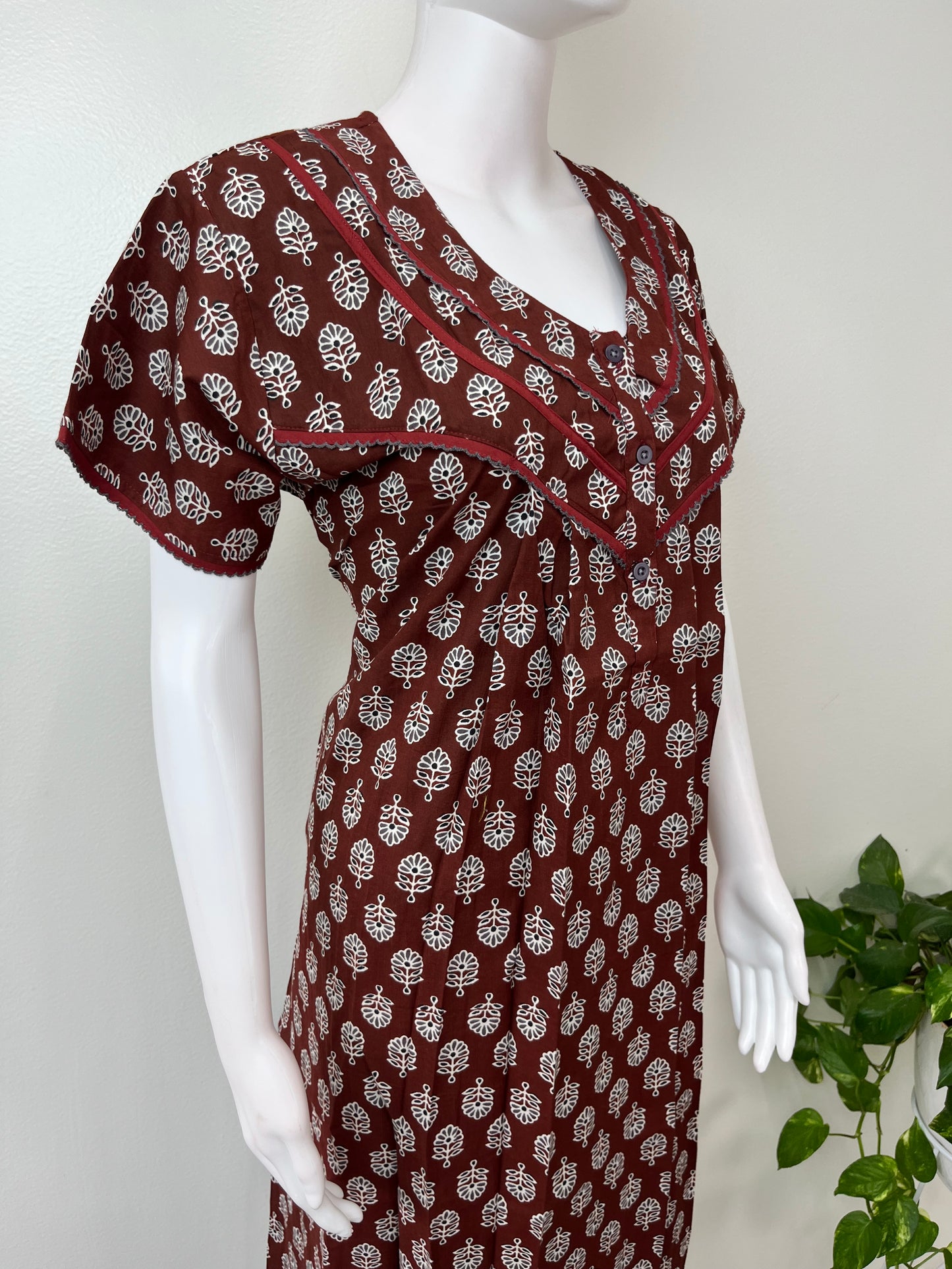 Maroon 100% Cotton Women's Nightgown