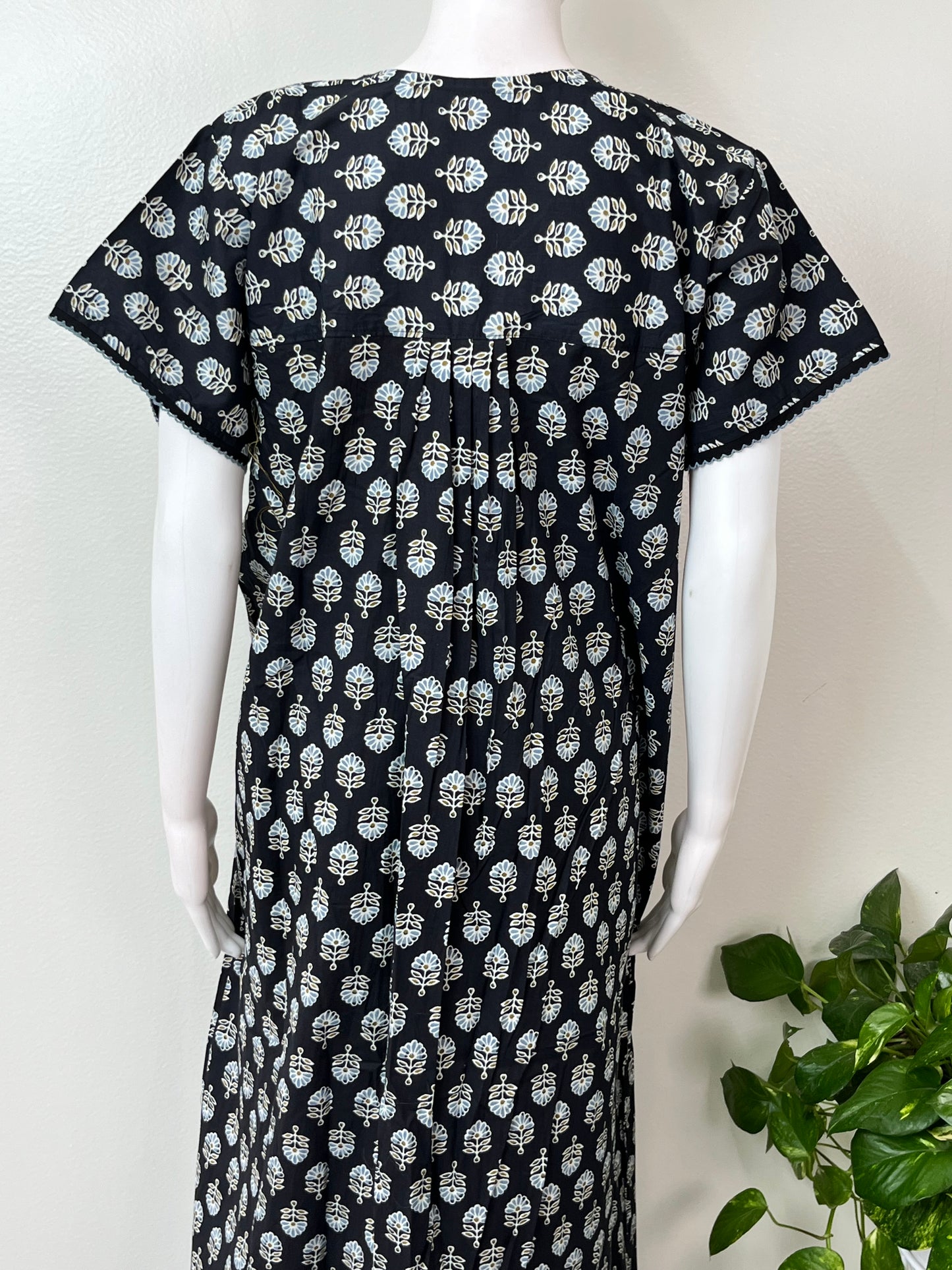 Black Pure Cotton Nightgown with Contrast Print