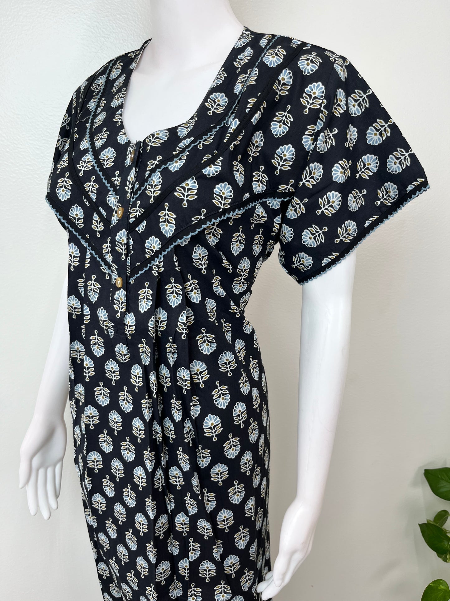 Black Pure Cotton Nightgown with Contrast Print