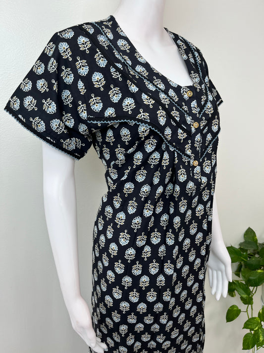 Black Pure Cotton Nightgown with Contrast Print