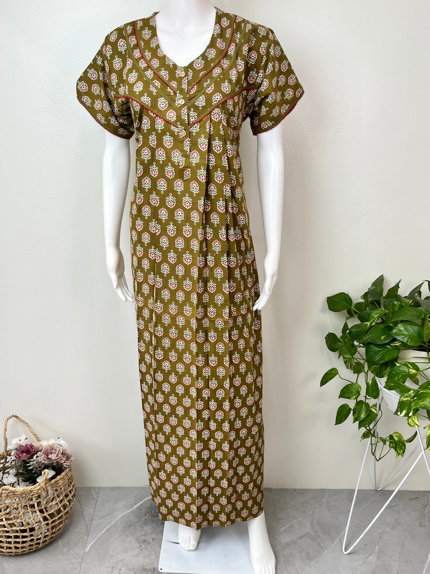 Olive Green Pure Cotton Nighty Elegant & Comfortable