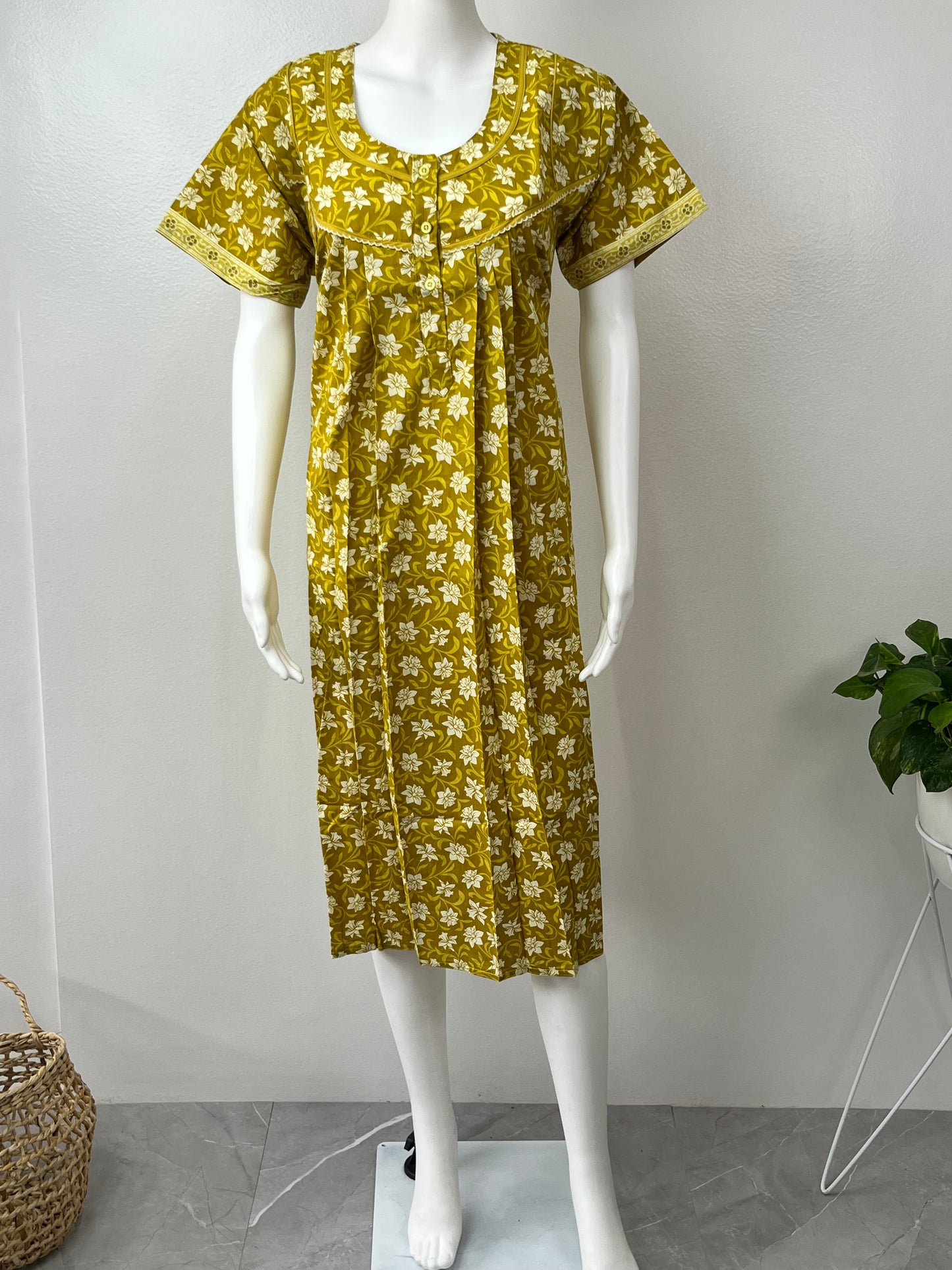 Sage Green Knee-Length Pure Cotton Women's Nighty Soft & Comfortable