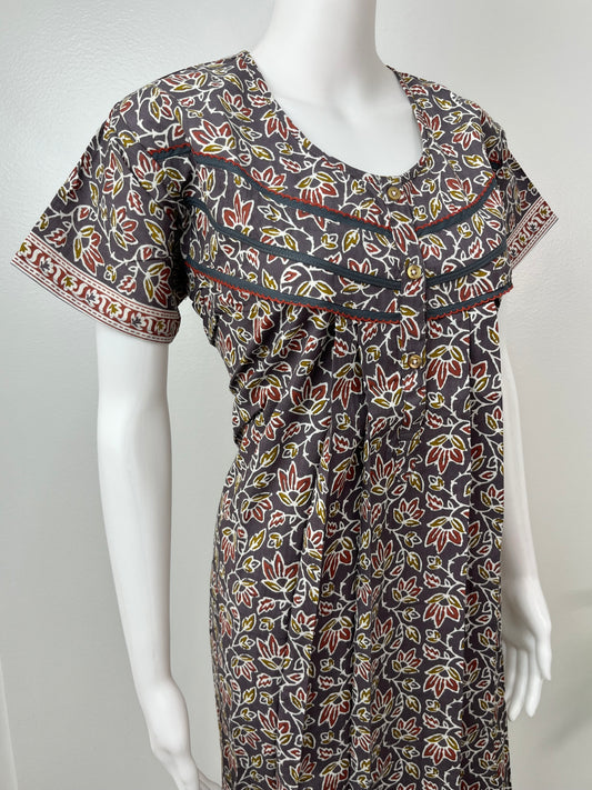 Grey Pleated 100% Cotton Nighty with Print