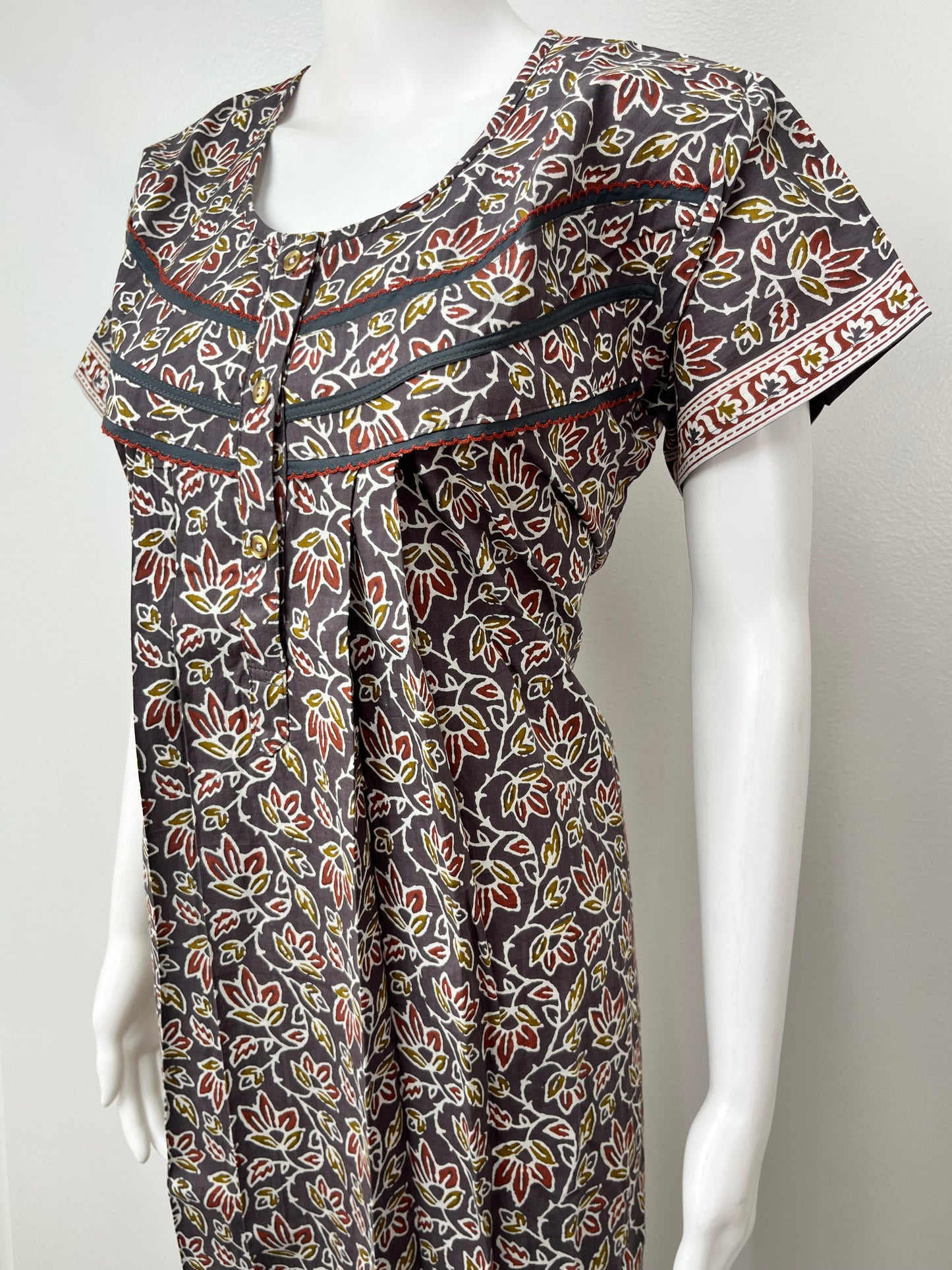 Grey Pleated 100% Cotton Nighty with Print