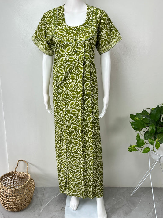 Olive Green Pure Cotton Nighty Elegant & Comfortable