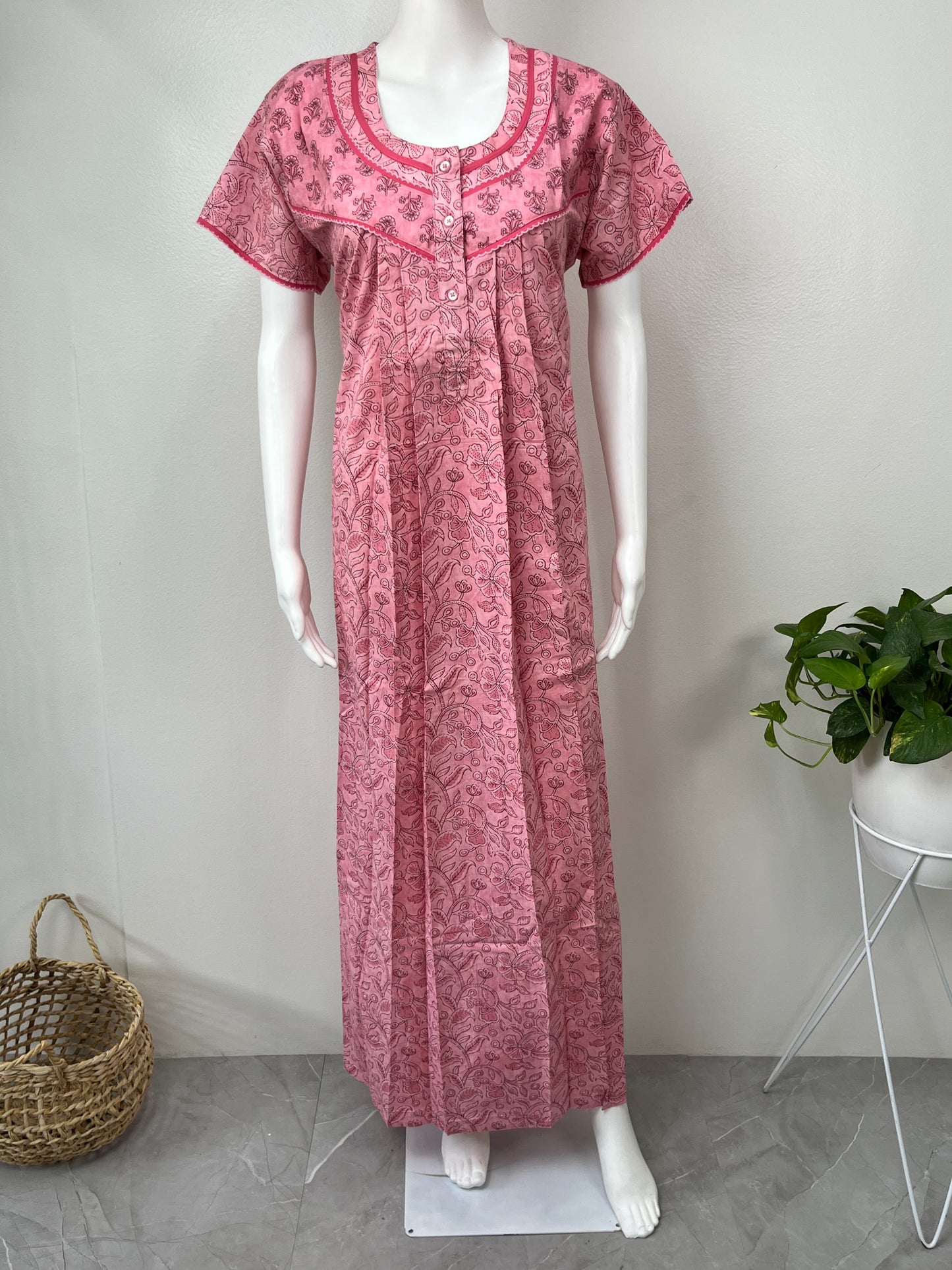 Peach Pleated Cotton Nightgown Soft & Comfortable