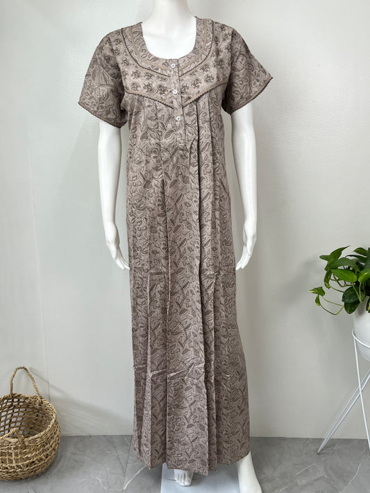 Grey Pure Cotton Nightgown with Embroidery