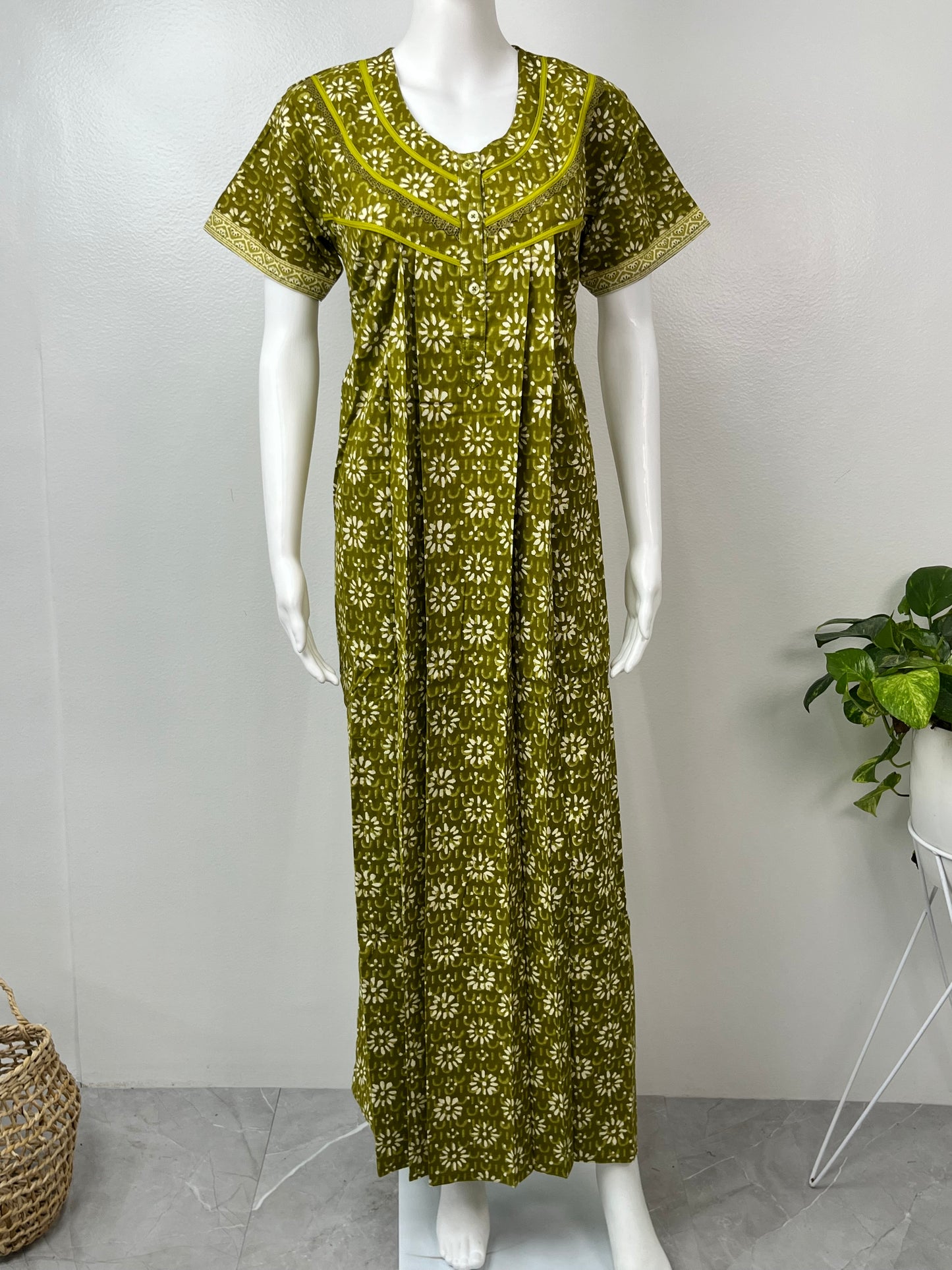 Sage Green Pure Cotton Nightgown Comfortable & Elegant