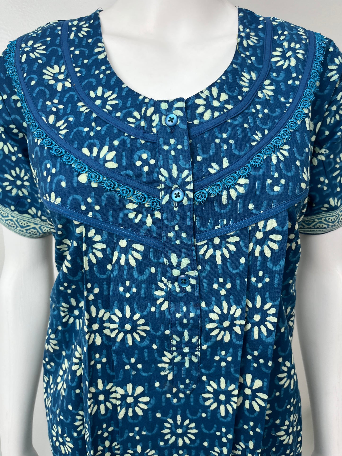 Blue Pure Cotton Nightgown With Contrast Print