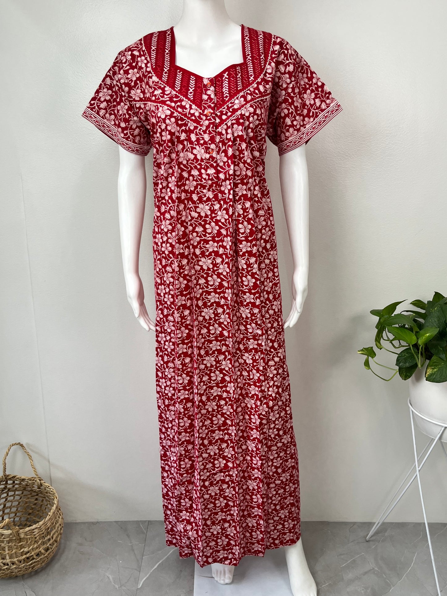 Red Floral Printed Pure Cotton Nightgown for Women