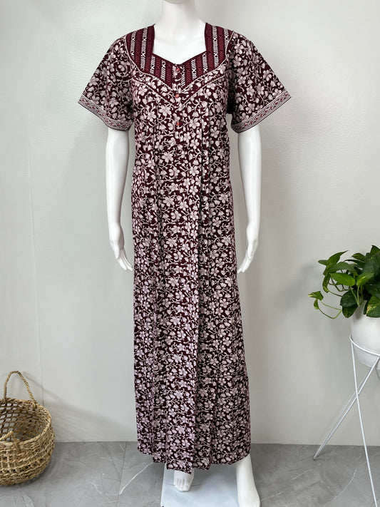 Maroon Pleated 100% Cotton Nighty for Women