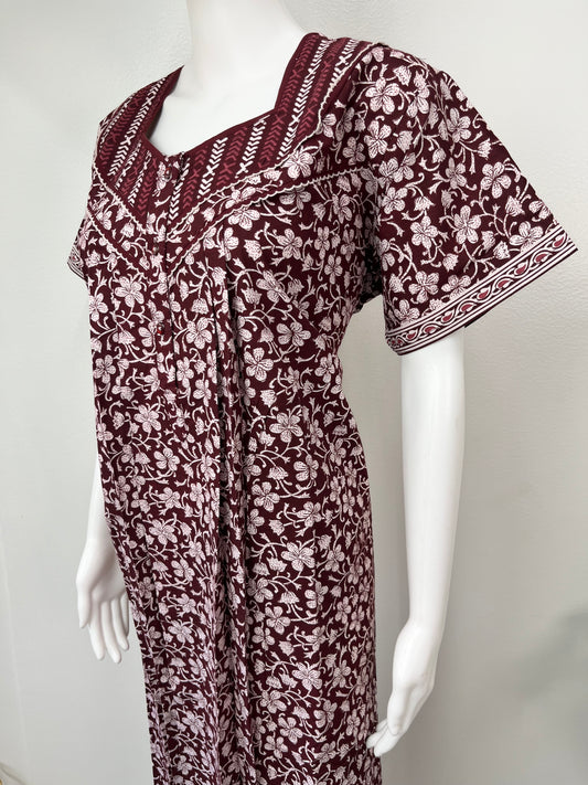 Maroon Pleated 100% Cotton Nighty for Women