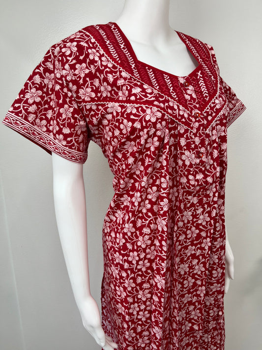 Red Floral Printed Pure Cotton Nightgown for Women