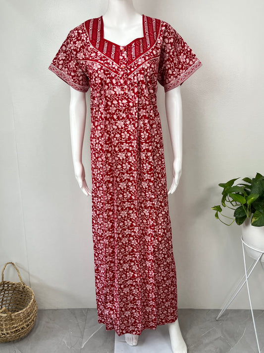 Red Floral Printed Pure Cotton Nightgown for Women