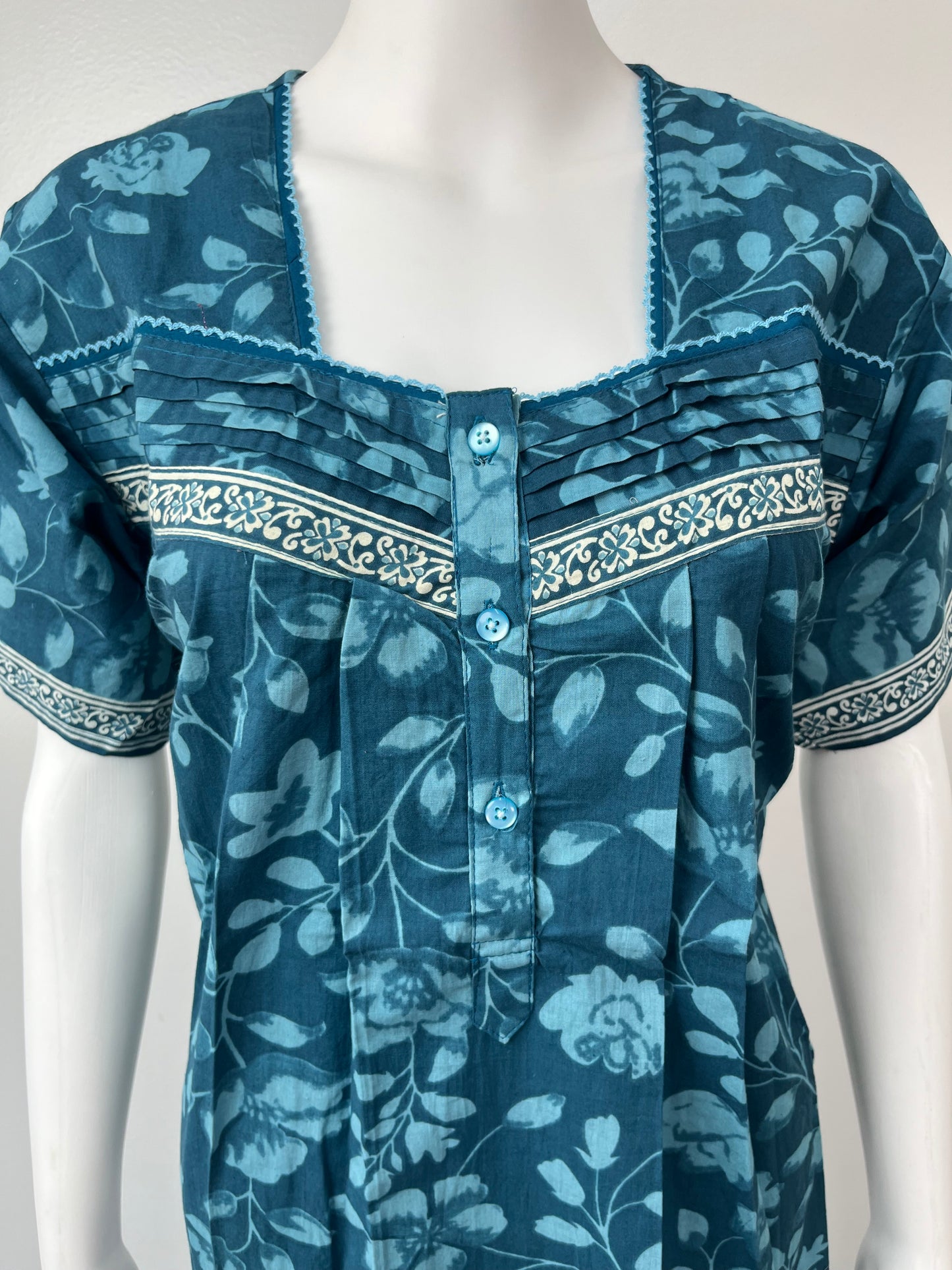 Teal Blue Pure Cotton Nightgown for Women- Rose Petals