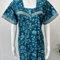 Teal Blue Pure Cotton Nightgown for Women- Rose Petals