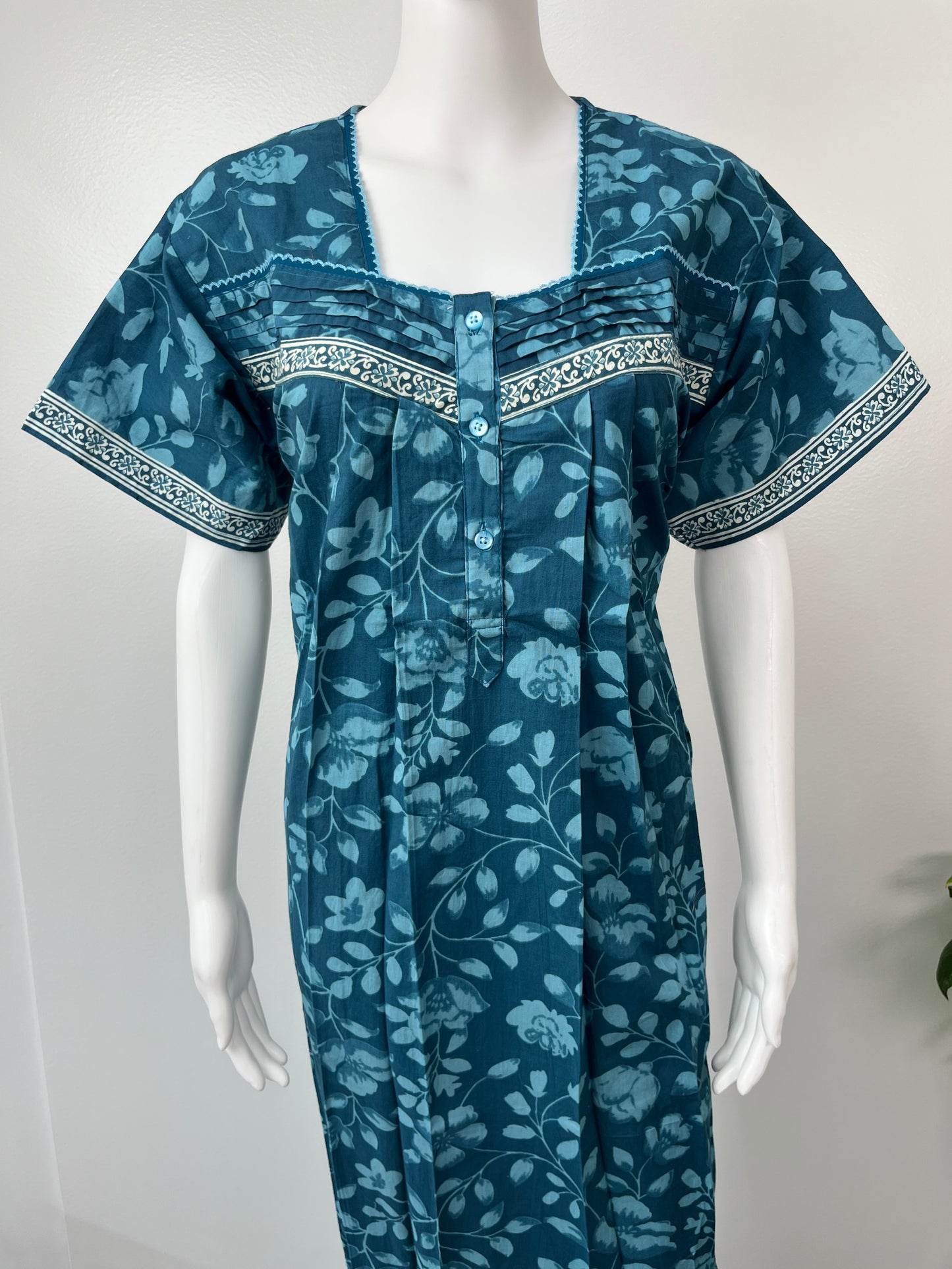 Teal Blue Pure Cotton Nightgown for Women- Rose Petals
