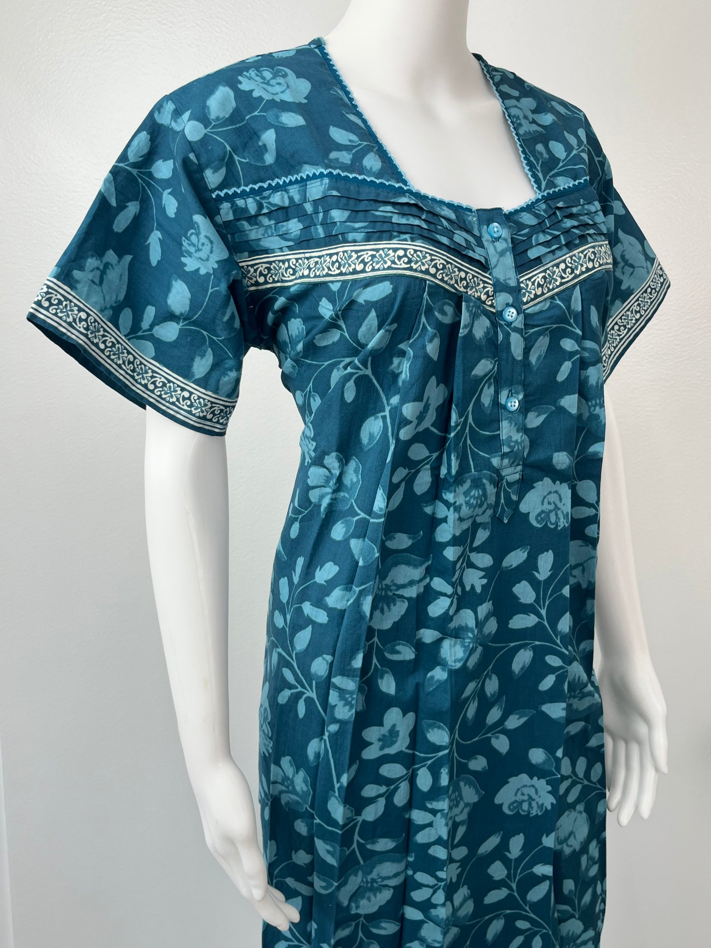 Teal Blue Pure Cotton Nightgown for Women- Rose Petals