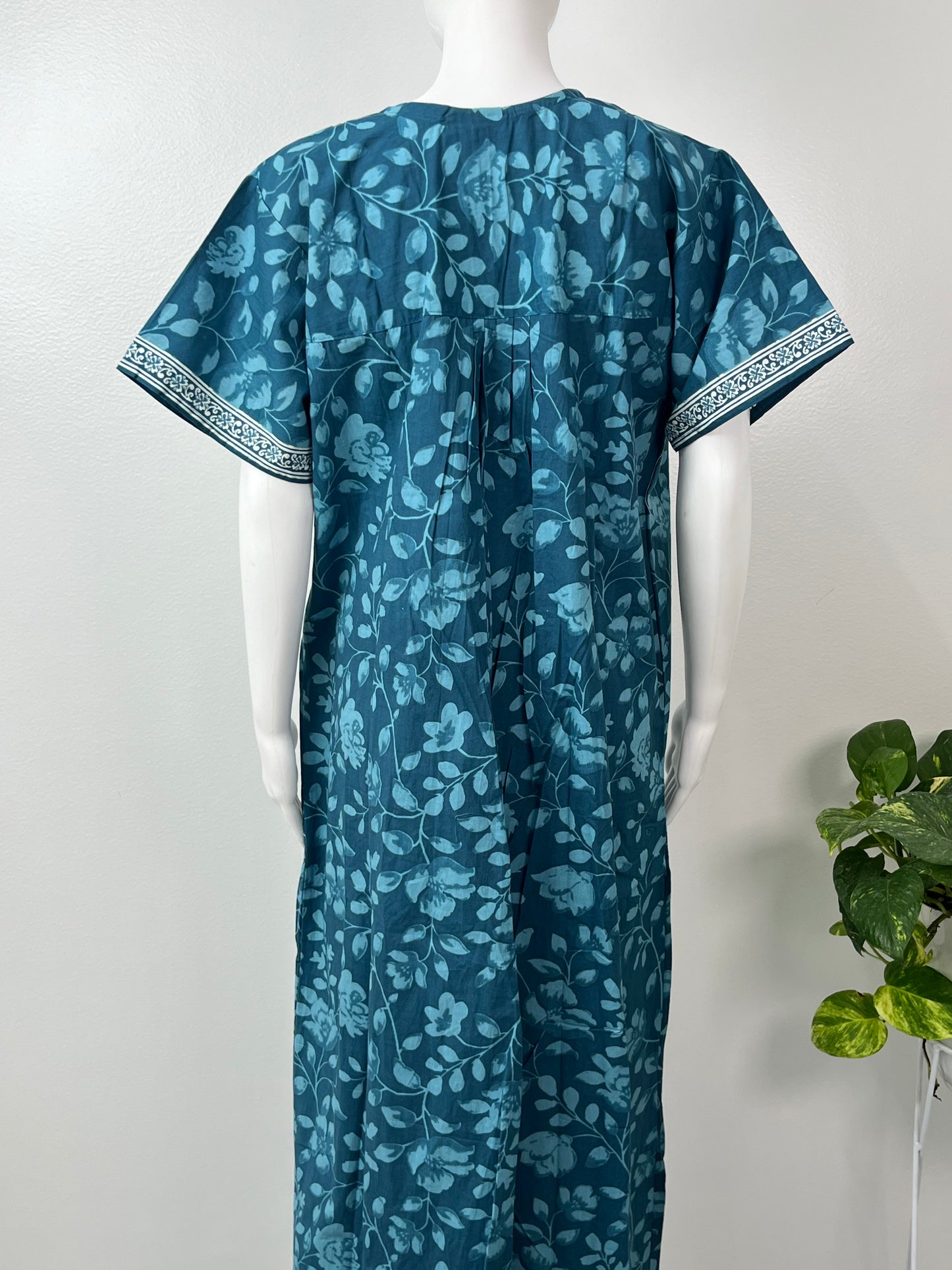 Teal Blue Pure Cotton Nightgown for Women- Rose Petals