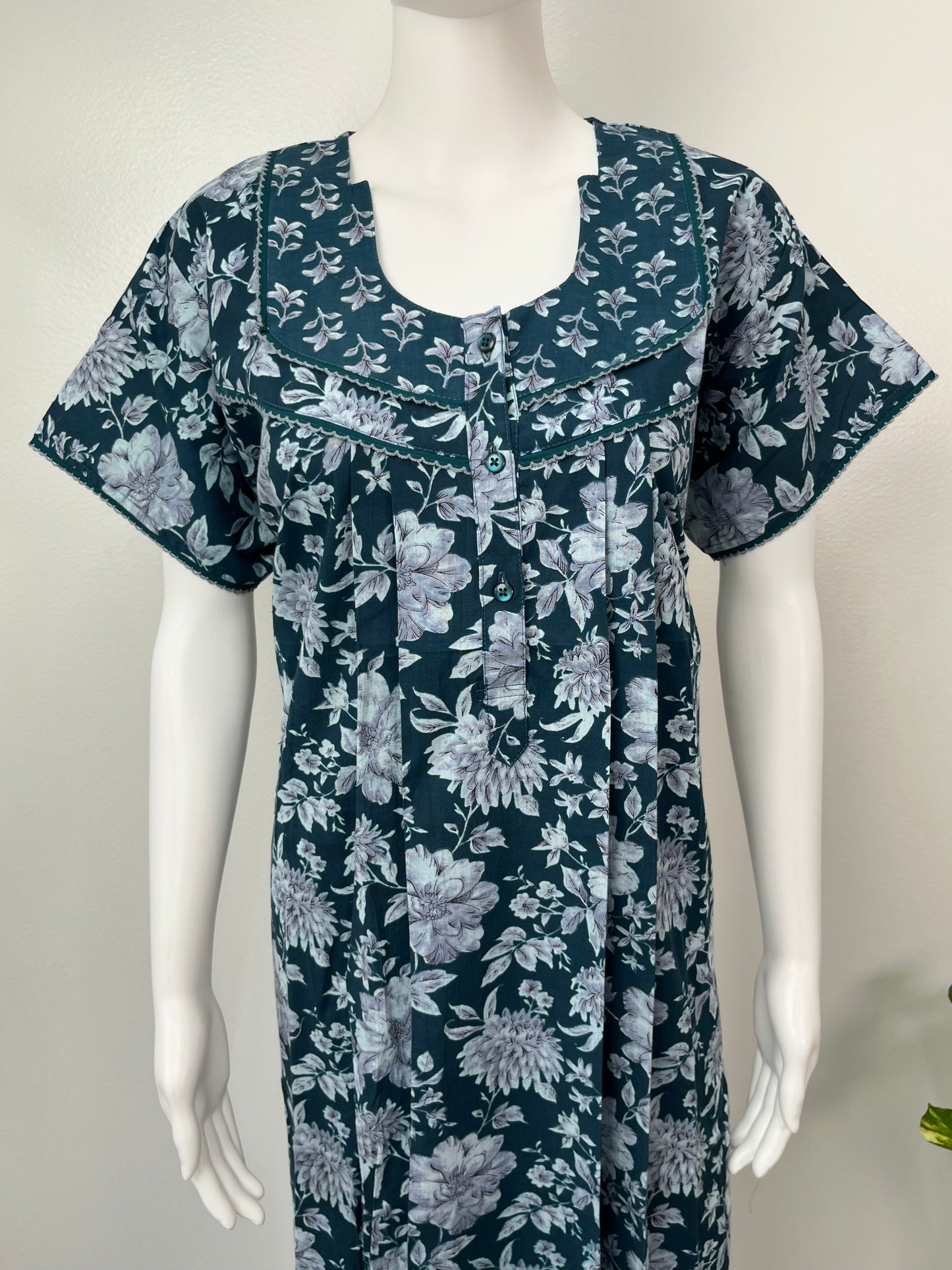 Teal Blue Floral Printed Cotton Nighty for Women