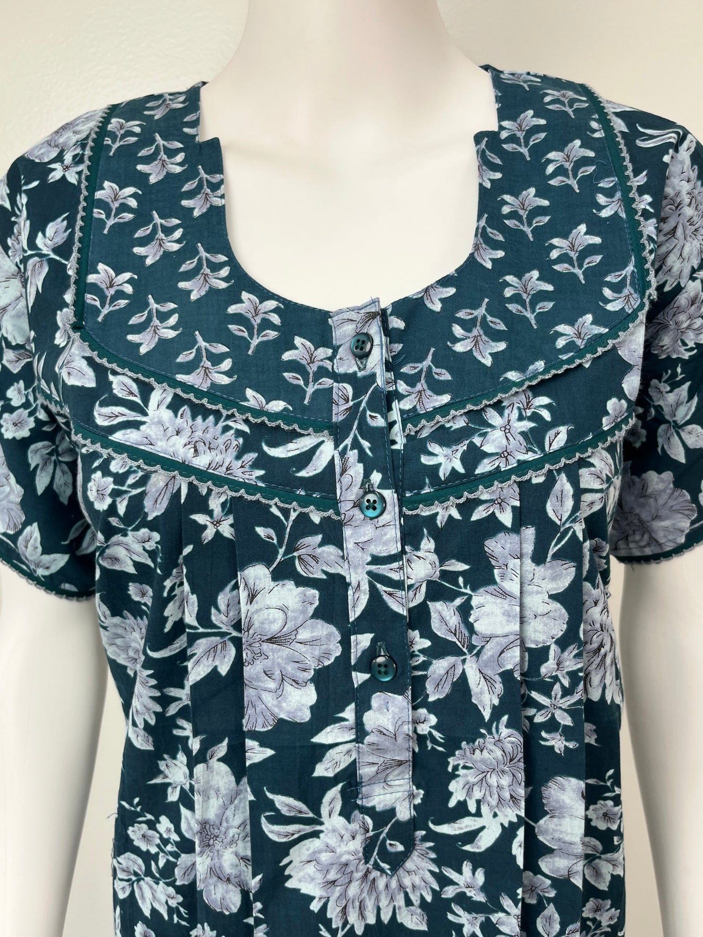 Teal Blue Floral Printed Cotton Nighty for Women