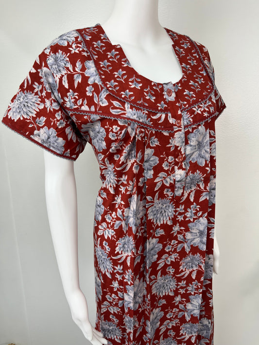 Maroon Pleated 100% Cotton Nightgown