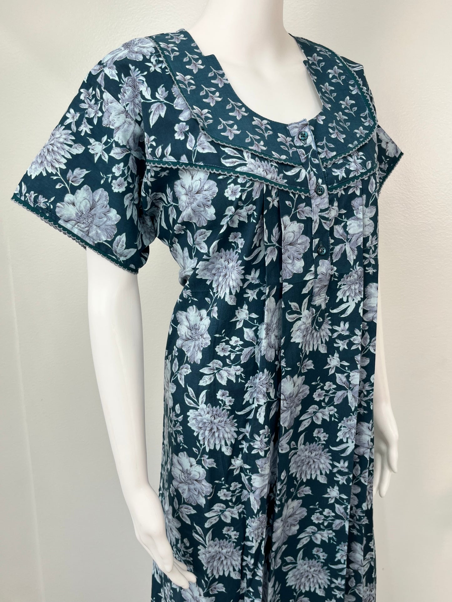 Teal Blue Floral Printed Cotton Nighty for Women
