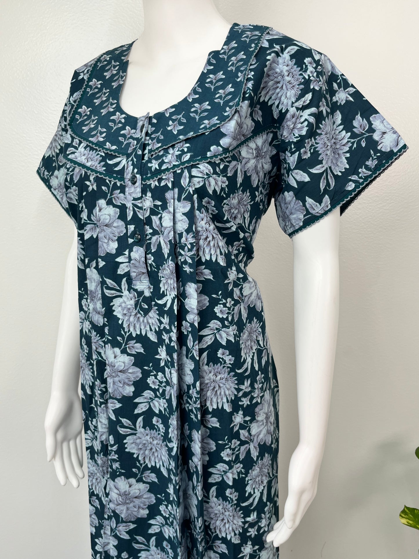Teal Blue Floral Printed Cotton Nighty for Women