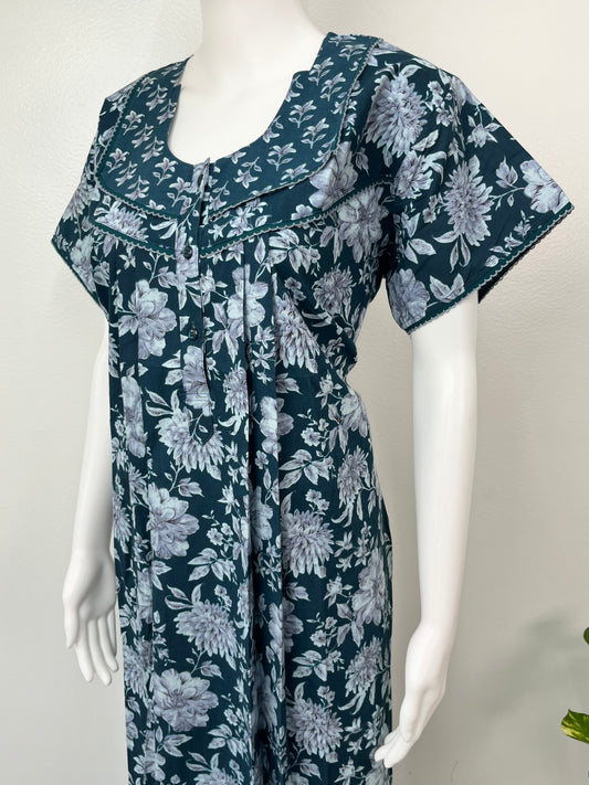 Teal Blue Floral Printed Cotton Nighty for Women