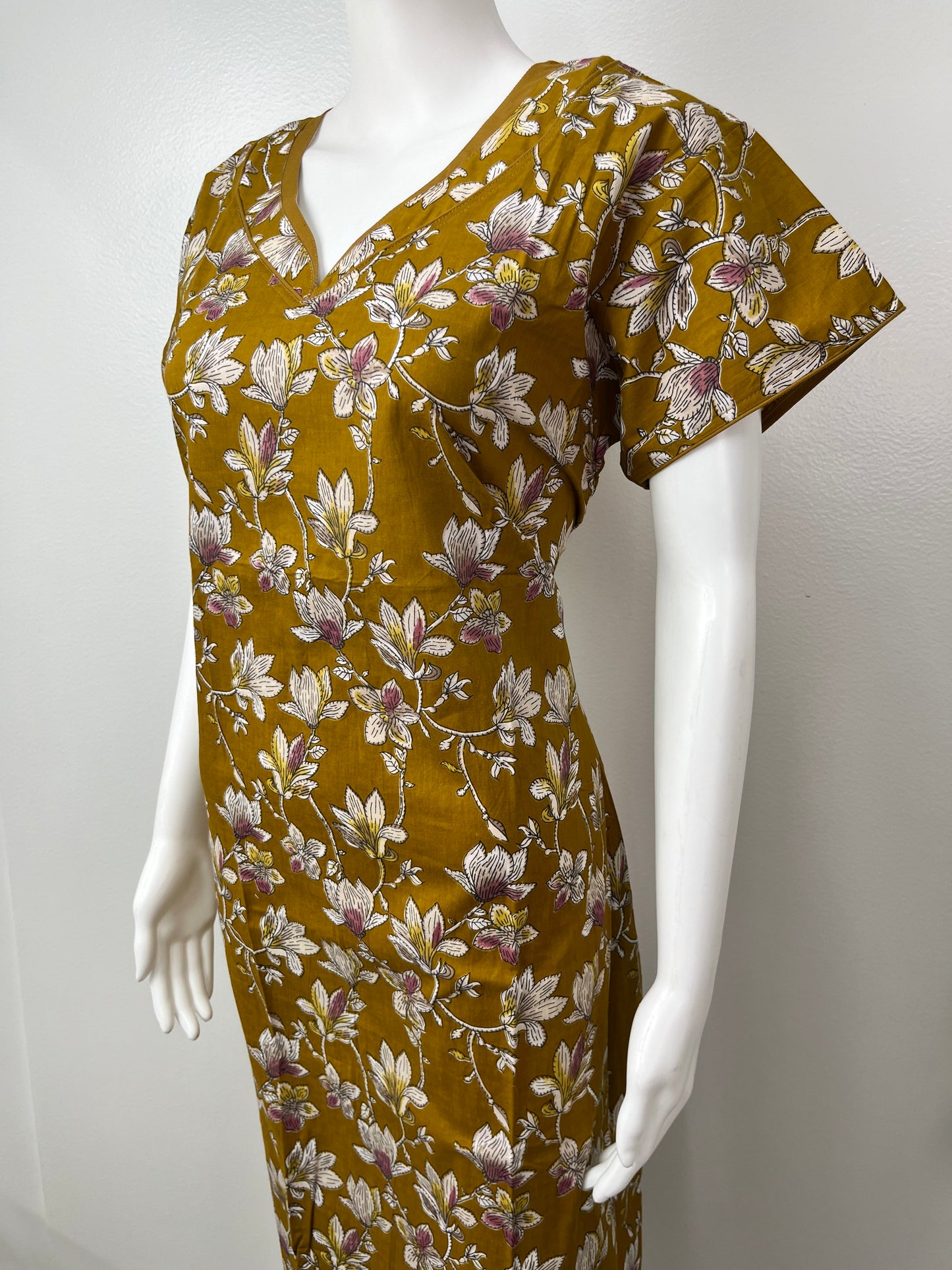 Mustard Pure Cotton Floral Nighty for Women