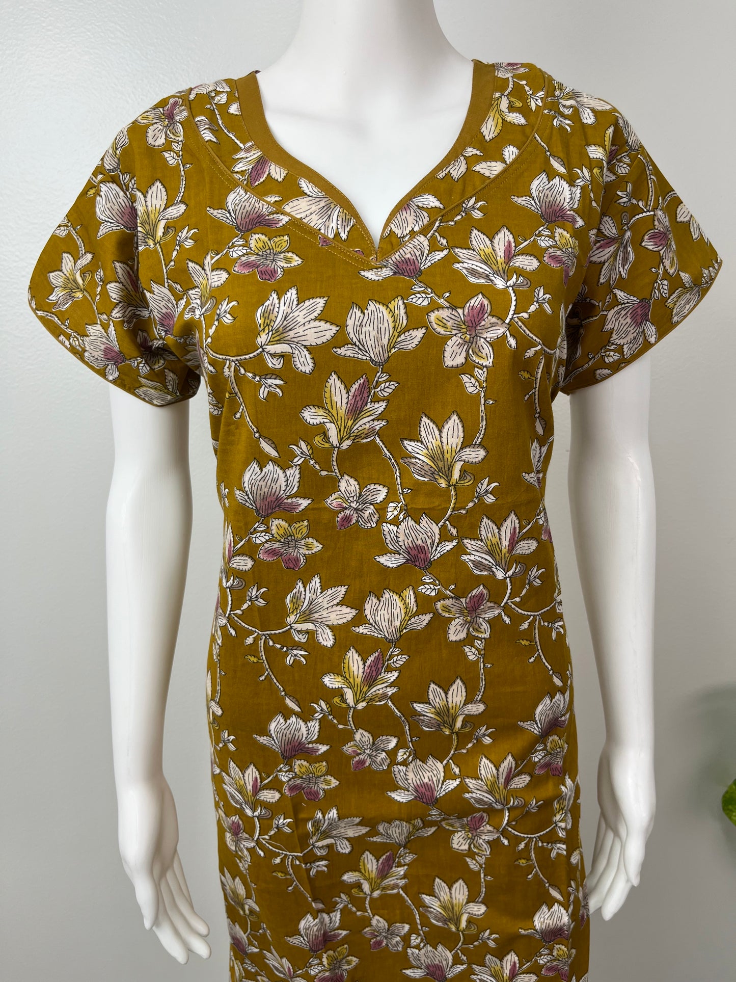 Mustard Pure Cotton Floral Nighty for Women