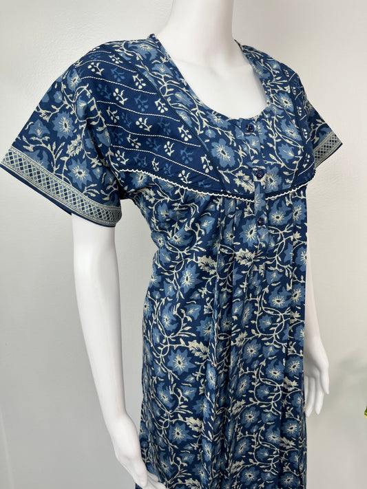 Navy Blue Floral Printed Cotton Nighty for Women