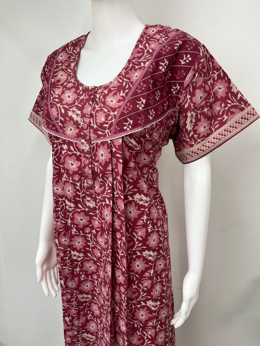 Maroon Pleated Pure Cotton Women's Nightgown