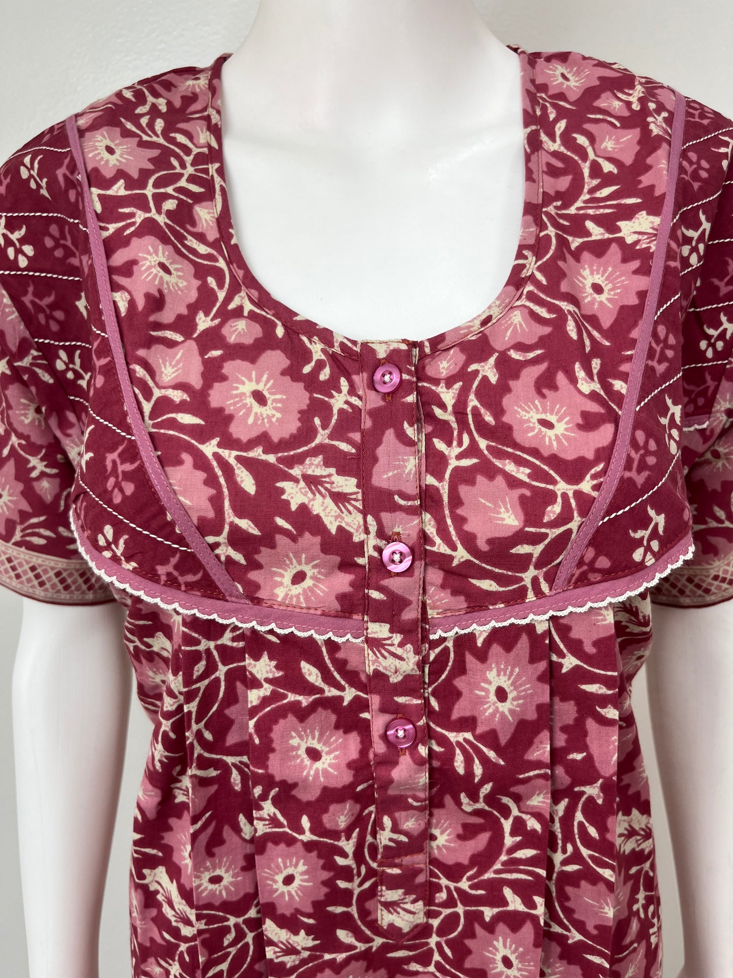 Maroon Pleated Pure Cotton Women's Nightgown
