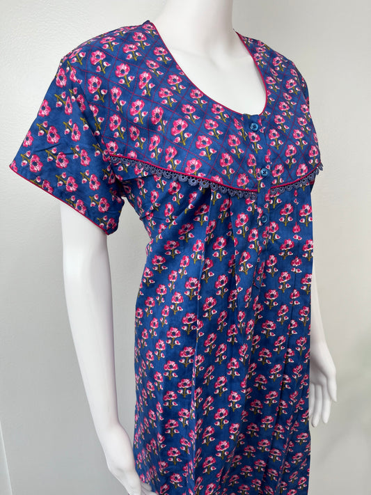 Royal Blue Printed Nightgown with Contrast Print
