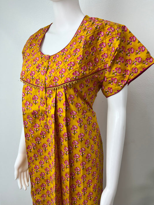 Mustard Pure Cotton Nightgown with Classic Embroidery