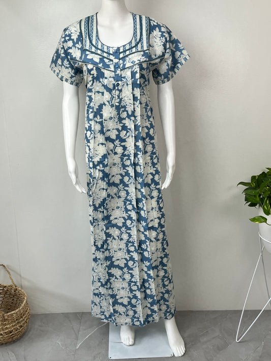 Blue Pure Cotton Nightgown Soft & Breathable