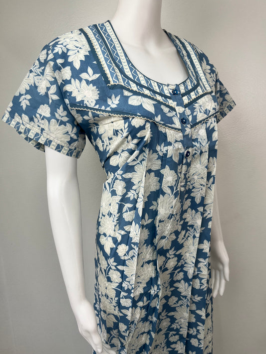 Blue Pure Cotton Nightgown Soft & Breathable