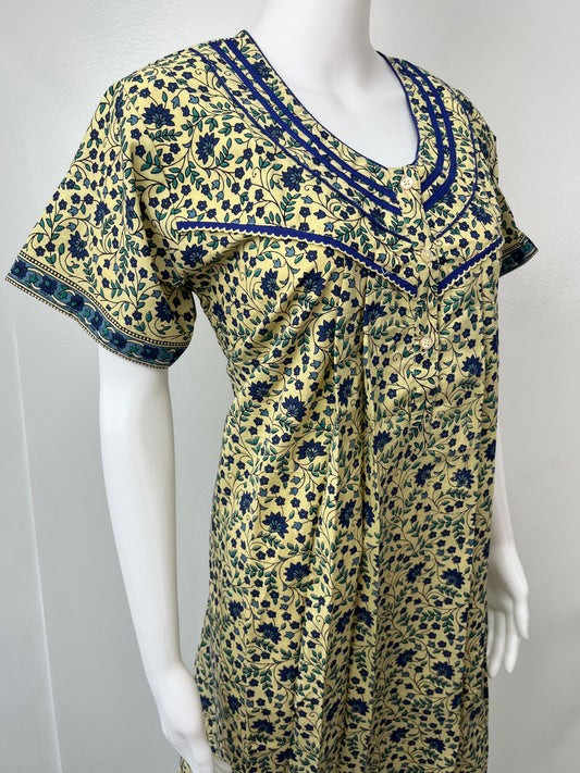 Yellow 100% Cotton Nighty for Women with Contrast Print