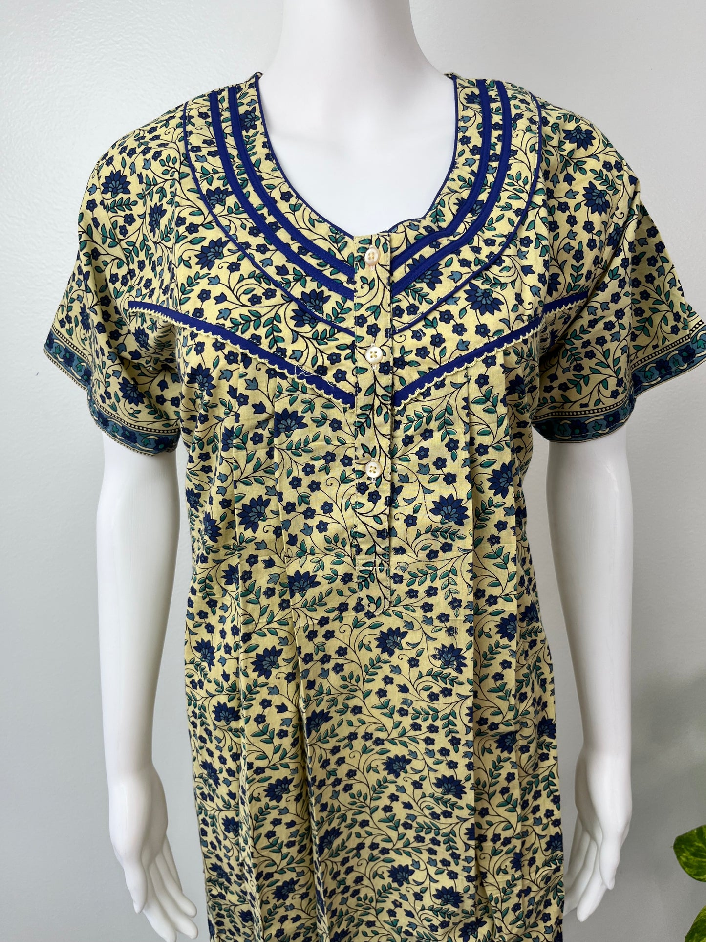Yellow 100% Cotton Nighty for Women with Contrast Print