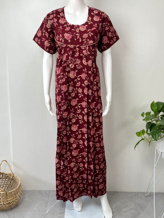 Maroon Printed 100% Cotton Nighty