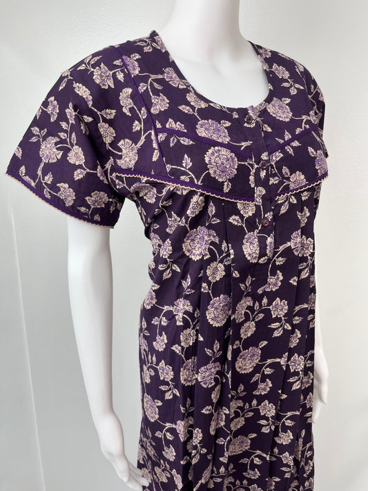 Purple 100% Cotton Pleated Women's Nighty